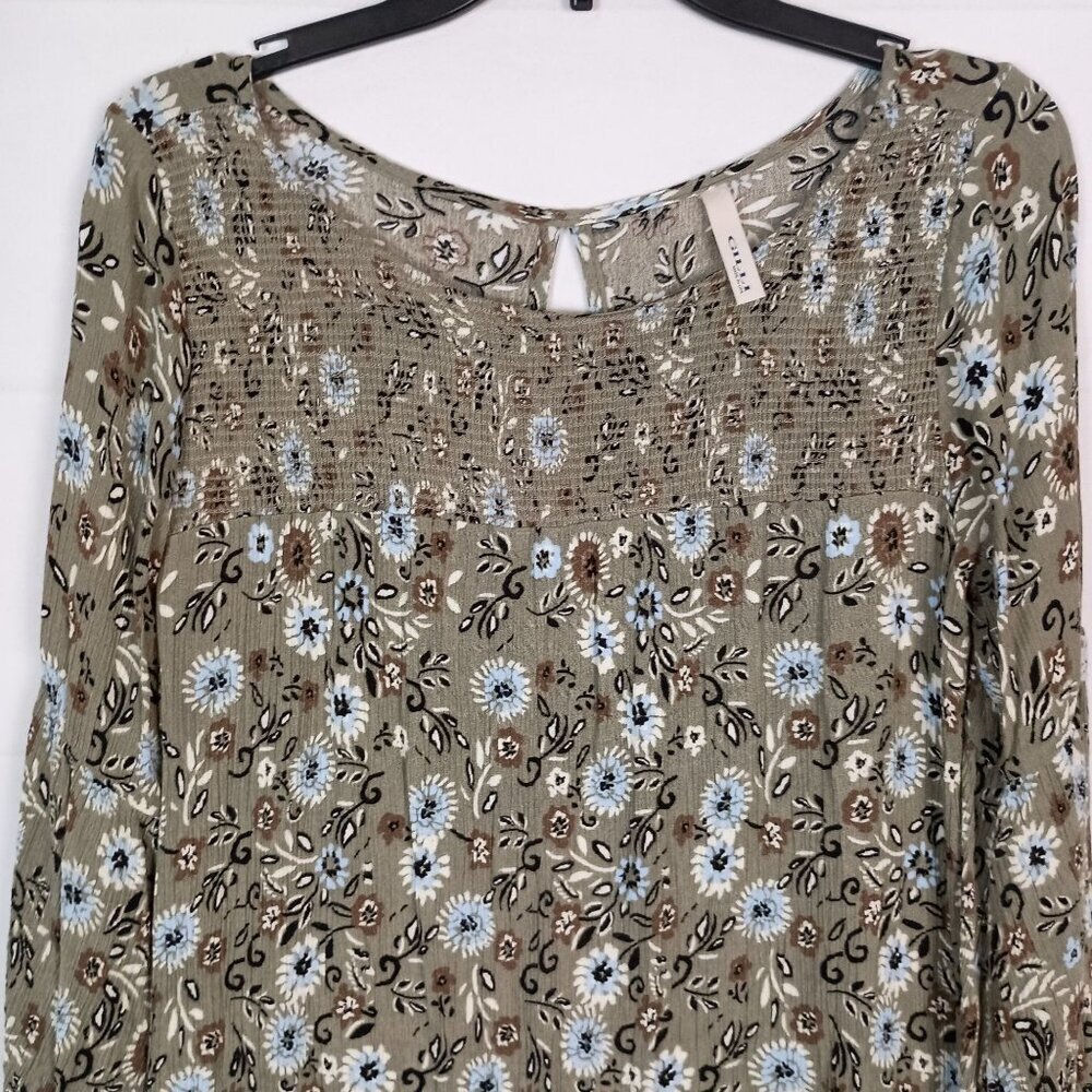 G.I.L.I. Green Floral Smocked Jersey Shift Dress Flared Sleeve S - Picture 2 of 7